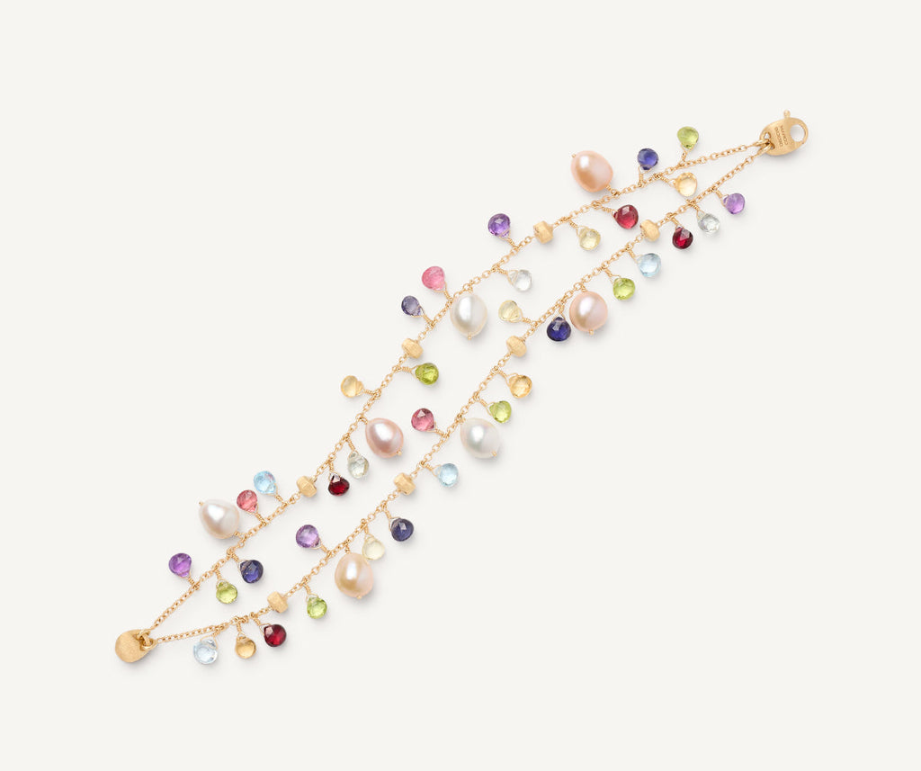 18kt yellow gold pearls and multicoloured gemstone double-strand bracelet